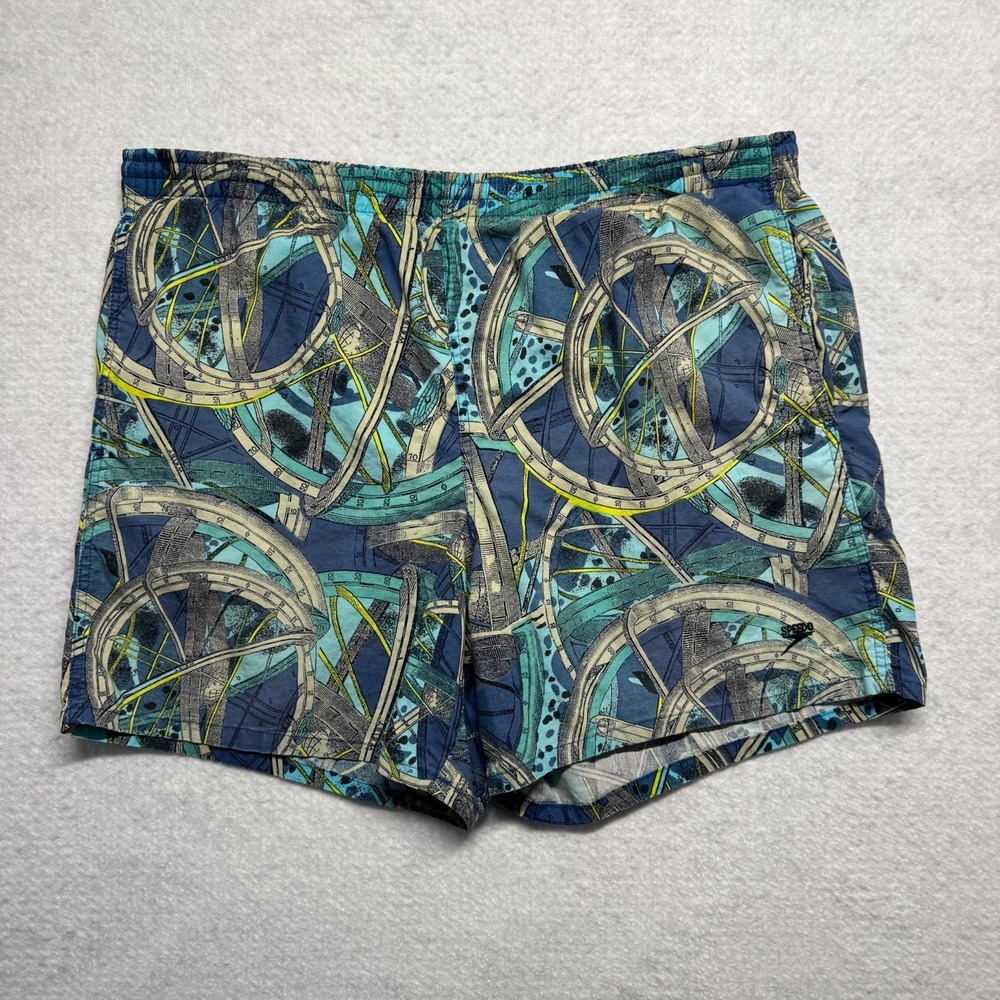 Vintage Speedo Swim Trunks Shorts Blue Green Lined 90s Men's Size XL